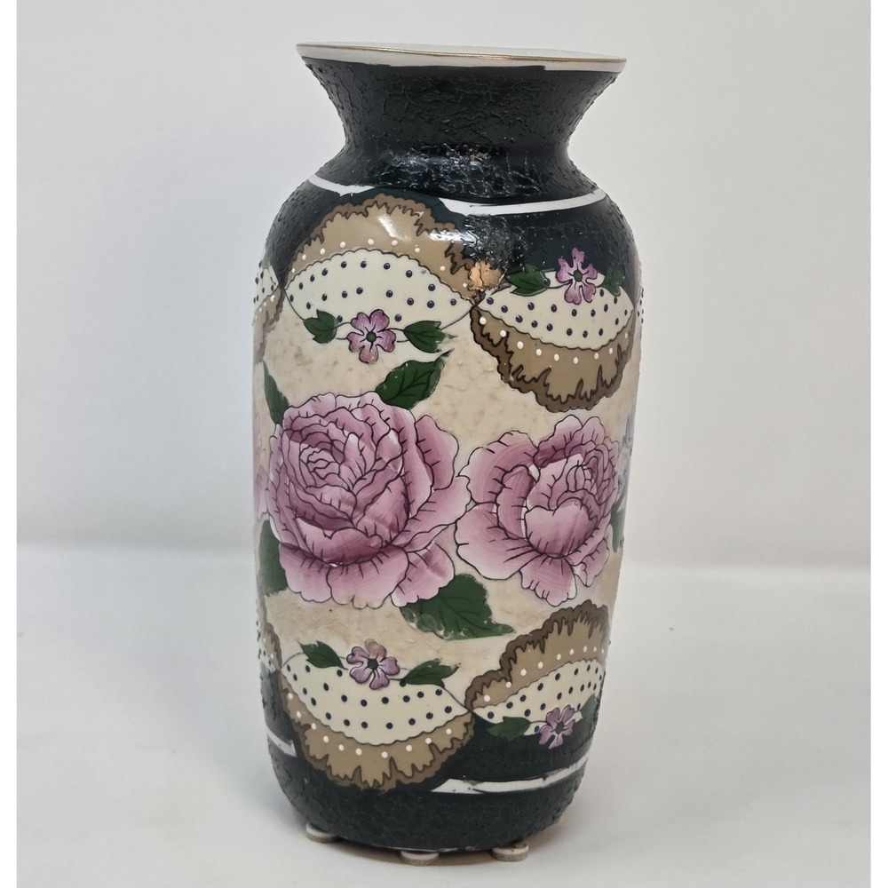 Vintage Hand Painted Porcelain Vase Black Ground Pink Roses Gold Trim 9in Footed